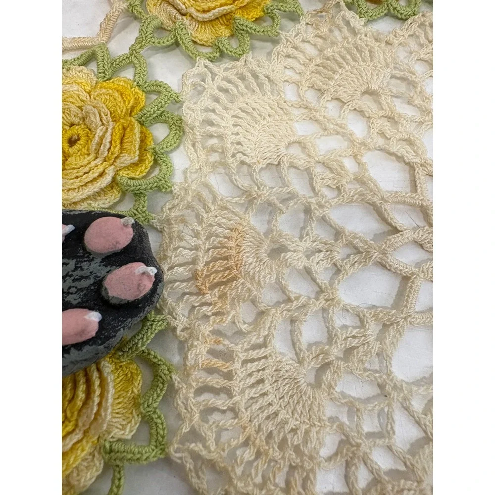 Vintage Handmade Crochet Doilies Set of 2 Yellow Rose 3D Floral Lace Multi-Color